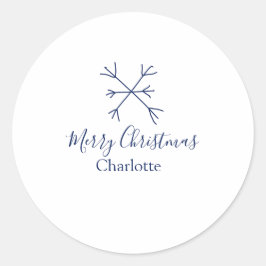 Pegatina Redonda Feliz Navidad copos de nieve azules agregar nombre