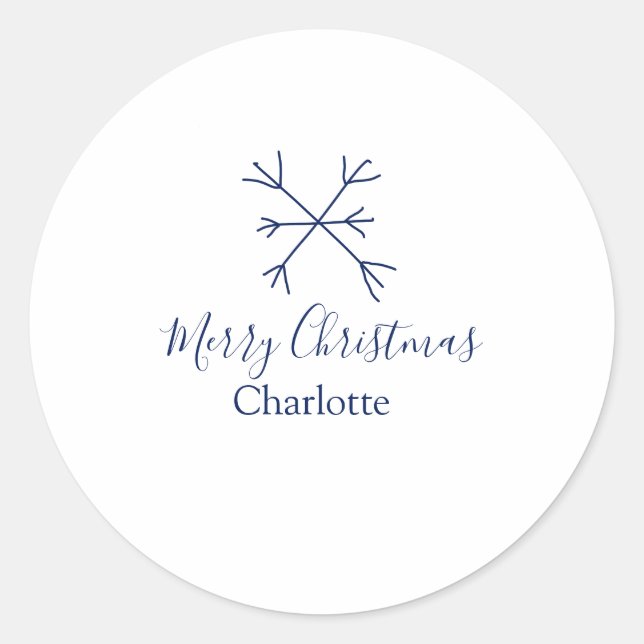 Pegatina Redonda Feliz Navidad copos de nieve azules agregar nombre (Anverso)