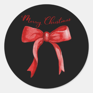 Pegatina Redonda Feliz Navidad Coquette Roja Bow Merry Y Brillante