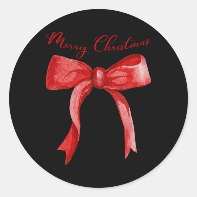 Pegatina Redonda Feliz Navidad Coquette Roja Bow Merry Y Brillante (Anverso)