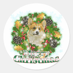 Pegatina Redonda Feliz Navidad Corgi