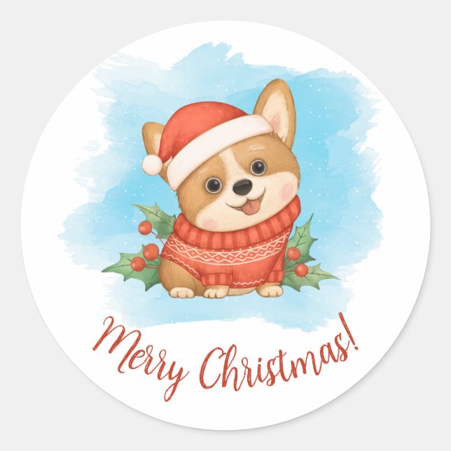 Pegatina Redonda Feliz Navidad Corgi Adorable (Anverso)