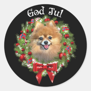 Pegatina Redonda Feliz Navidad Corona de Navidad de perro pomerania