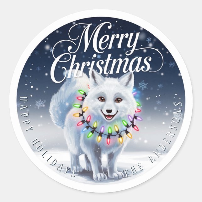 Pegatina Redonda Feliz Navidad Corto Ártico Personalizado Fox y Nie (Anverso)