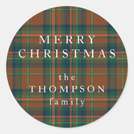 Pegatina Redonda Feliz Navidad Cosy Marina y Naranja Plaid Flannel
