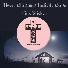 Pegatina Redonda Feliz navidad cruza de natividad rosa