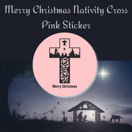 Pegatina Redonda Feliz navidad cruza de natividad rosa