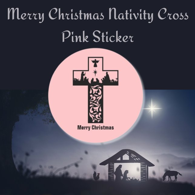 Pegatina Redonda Feliz navidad cruza de natividad rosa (Merry Christmas Nativity Cross Pink Classic Round Sticker)
