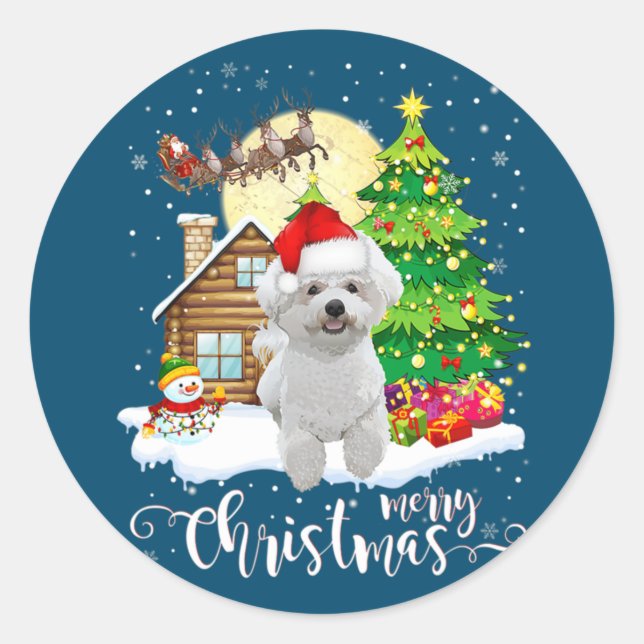 Pegatina Redonda Feliz Navidad Cute Bichon Frise Santa con Navidad (Anverso)