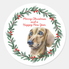 Pegatina Redonda Feliz Navidad Cute Dachshund Dog Wreath navidad