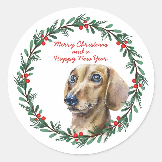 Pegatina Redonda Feliz Navidad Cute Dachshund Dog Wreath navidad (Anverso)