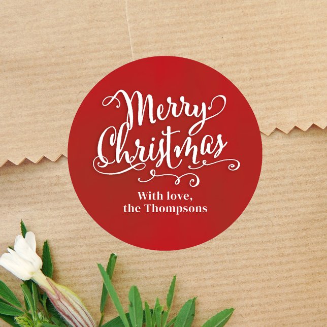 Pegatina Redonda Feliz Navidad Cute Personalizado de Guión Rojo (Merry Christmas red and white typography gift stickers. )