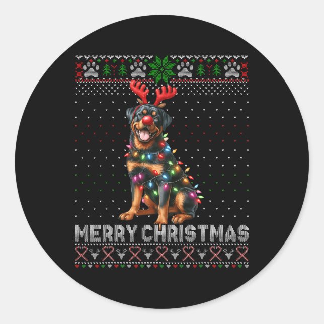 Pegatina Redonda Feliz Navidad Cute Rottweiler Perro Lover Ugly Xma (Anverso)