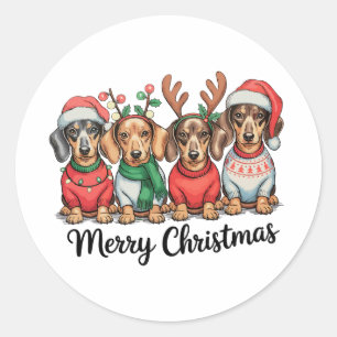 Pegatina Redonda Feliz Navidad Dachshund Perro Cachorro Lindo Amant