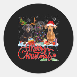 Pegatina Redonda Feliz Navidad Dachshund Perros Santa Reindeer Ligh