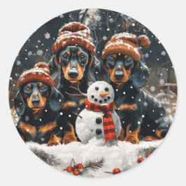 Pegatina Redonda Feliz Navidad Dachshund Perros Snowman