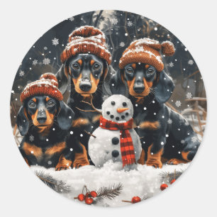 Pegatina Redonda Feliz Navidad Dachshund Perros Snowman