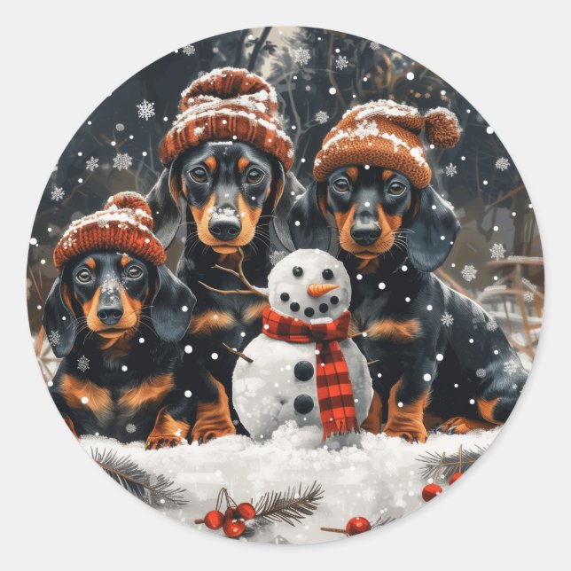 Pegatina Redonda Feliz Navidad Dachshund Perros Snowman (Anverso)
