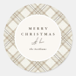 Pegatina Redonda Feliz Navidad de Gingham Beige Suave