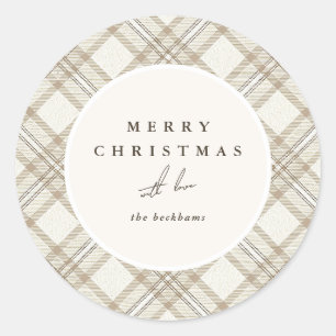 Pegatina Redonda Feliz Navidad de Gingham Beige Suave
