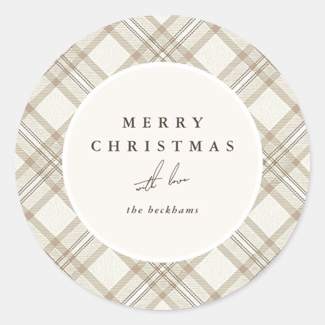 Pegatina Redonda Feliz Navidad de Gingham Beige Suave (Anverso)