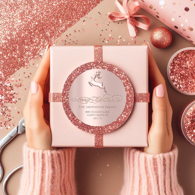 Pegatina Redonda Feliz Navidad de RSVP Rosa Deer Pink (Merry Christmas From RSVP Rose Deer Pink Classic Round Sticker)