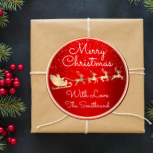 Pegatina Redonda Feliz Navidad de Santa Reindeer Sleight Red