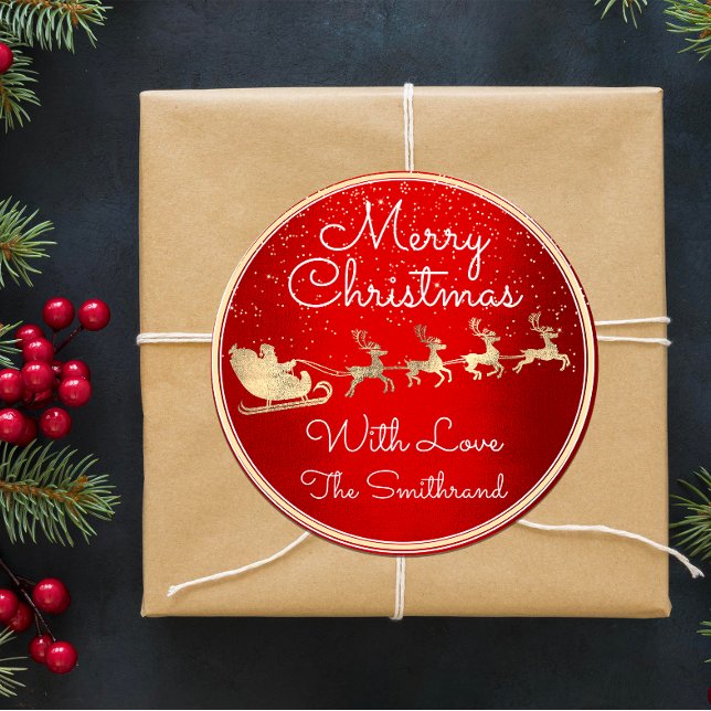 Pegatina Redonda Feliz Navidad de Santa Reindeer Sleight Red (Merry Christmas From Santa Reindeer Sleight Red Classic Round Sticker)