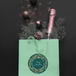 Pegatina Redonda Feliz Navidad Deep Green Wreath Woodland Gold