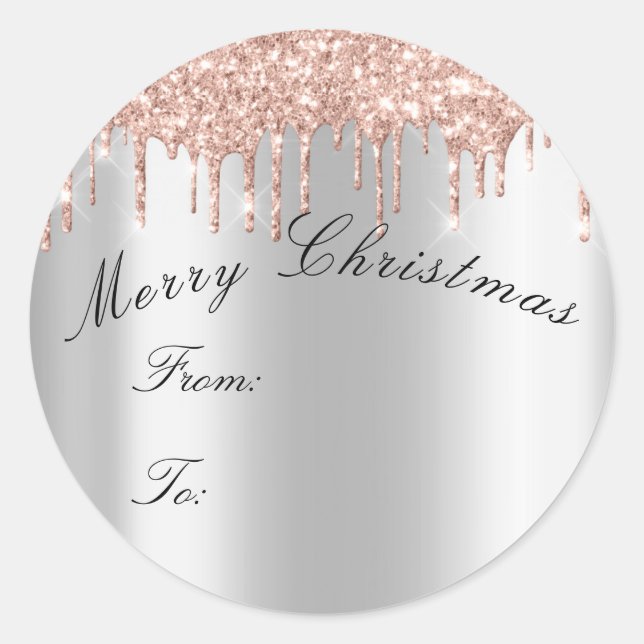 Pegatina Redonda Feliz Navidad Desde A Vacaciones Chispas Rosa Gris (Anverso)