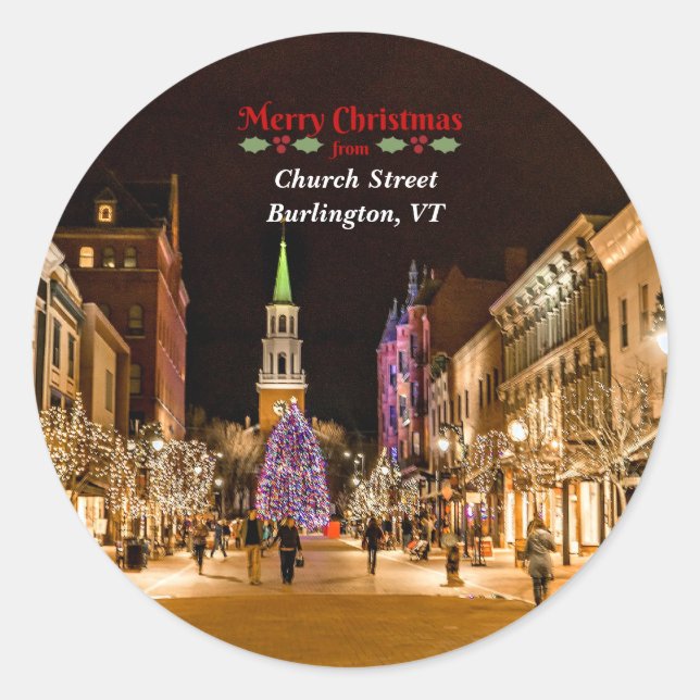 Pegatina Redonda Feliz Navidad desde Burlington VT, (Anverso)