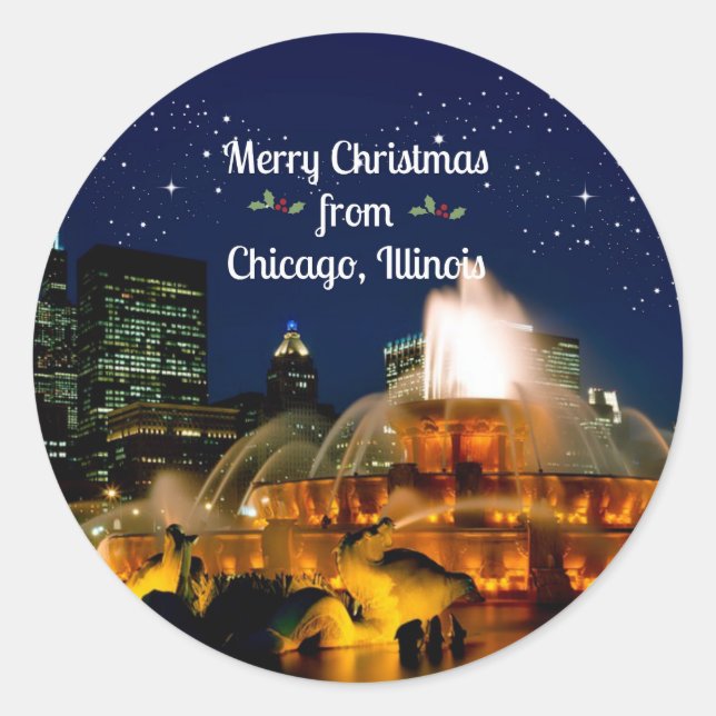 Pegatina Redonda Feliz Navidad desde Chicago, Illinois, (Anverso)