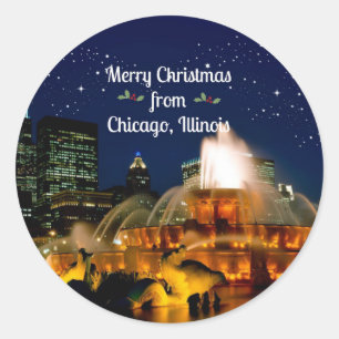 Pegatina Redonda Feliz Navidad desde Chicago, Illinois,