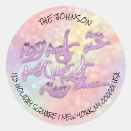 Pegatina Redonda Feliz Navidad desde el nombre de la dirección Púrp
