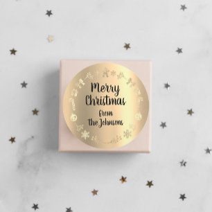 Pegatina Redonda Feliz Navidad desde el nombre de Wreath reno dorad