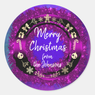 Pegatina Redonda Feliz Navidad desde el nombre Holográfico Púrpura