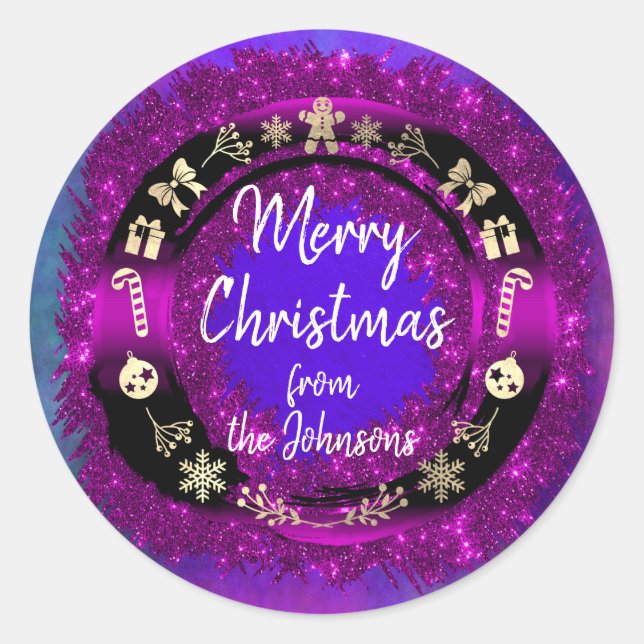 Pegatina Redonda Feliz Navidad desde el nombre Holográfico Púrpura (Anverso)