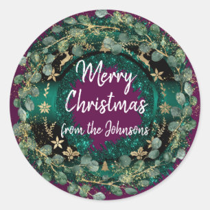 Pegatina Redonda Feliz Navidad desde el nombre Marsala Mint Wreath 