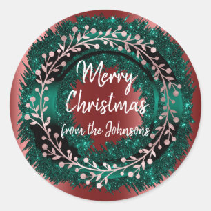 Pegatina Redonda Feliz Navidad desde el nombre Verde azulada Maroon