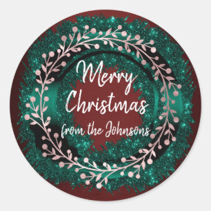 Pegatina Redonda Feliz Navidad desde el nombre Verde azulado Maroon