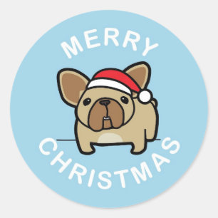 Pegatina Redonda Feliz Navidad desde Fawn Santa Frenchie - Azul