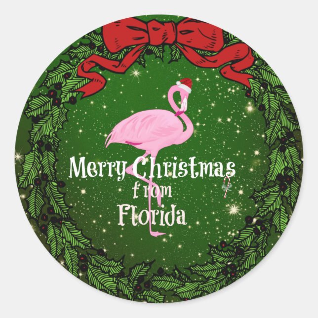 Pegatina Redonda Feliz Navidad desde Florida, Santa Flamingo (Anverso)