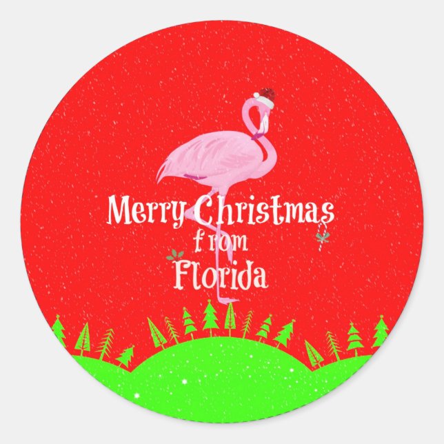 Pegatina Redonda Feliz Navidad desde Florida y Santa Flamingo (Anverso)