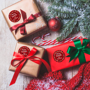 Pegatina Redonda Feliz Navidad desde Name Gold Plaid Plaid REd