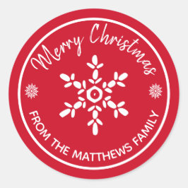 Pegatina Redonda Feliz Navidad desde: Nombre personalizado Copo de 