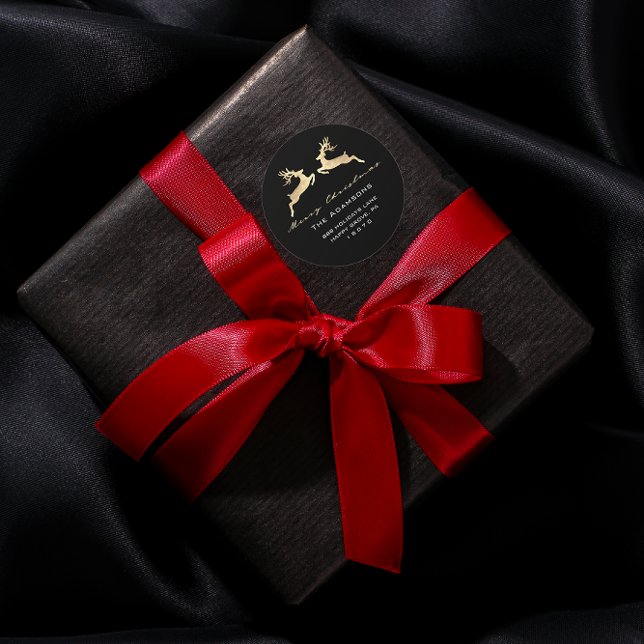 Pegatina Redonda Feliz Navidad desde nombre RSVP RSVP de oro negro (Merry Christmas From Name Black Gold RSVP Reindeer Classic Round Sticker)