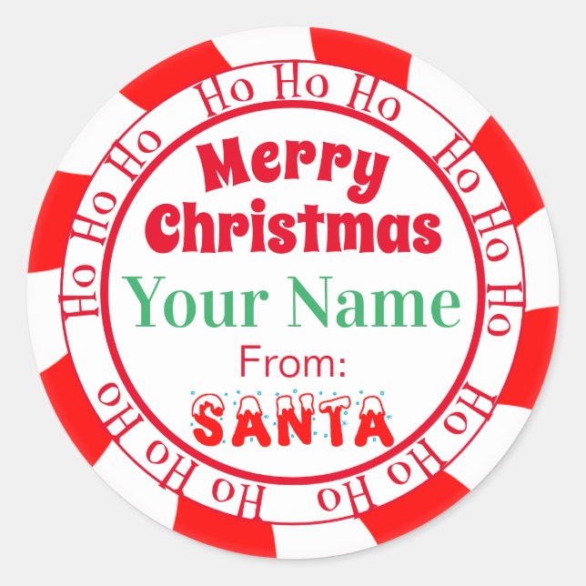 Pegatina Redonda Feliz Navidad desde Santa Ho Ho Ho Blanco y Rojo (Anverso)