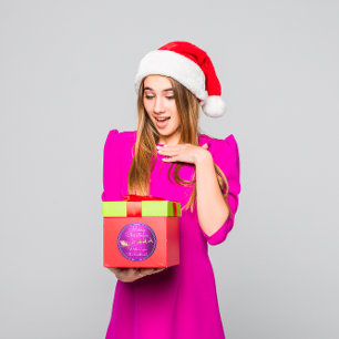 Pegatina Redonda Feliz Navidad desde Santa Reindeer Sleight Pink