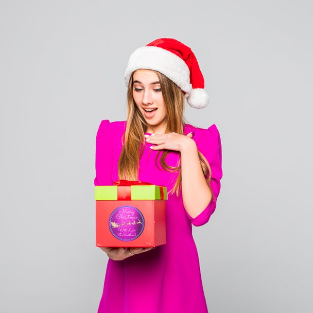 Pegatina Redonda Feliz Navidad desde Santa Reindeer Sleight Pink (Merry Christmas From Santa Reindeer Sleight Pink Classic Round Sticker)