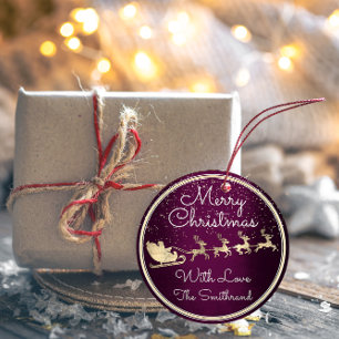 Pegatina Redonda Feliz Navidad desde Santa Reindeer Sleight Purple